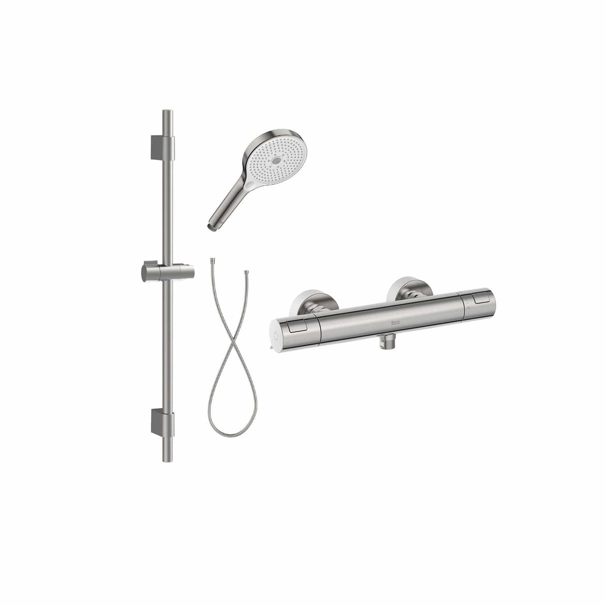 Roca Exposed Shower Set Stainless Steel Finish Roca T-500 Thermostatic Bar Shower Valve with with Shower Handset and Slide Rail Set