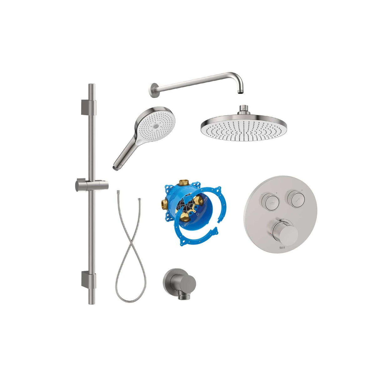 Roca Concealed Shower Set Stainless Steel Effect Roca T-3000 Round Switch Thermostatic Concealed Shower Valve with Rainshower Head, Shower Handset and Slide Rail Set