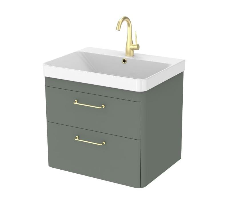 Saneux Wall Mounted Vanity Unit Matte Sage / 1 Hole Saneux Hyde Vanity Unit With Basin - 600 x 460mm - Two Drawer - Wall Mounted