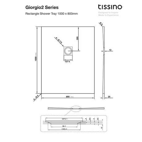 Tissino Rectangle Shower Tray 1000 x 800mm Tissino Giorgio2 Rectangle Shower Tray in White Slate