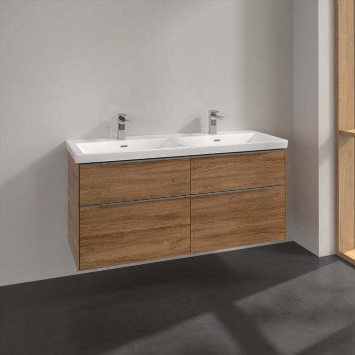 Villeroy & Boch Wall Mounted Vanity Unit Oak Kansas with Chrome Handles Villeroy & Boch Subway 3.0 Wall Hung 1200mm Four Drawer Double Vanity Unit with Basin