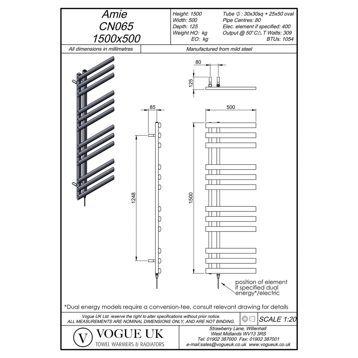 Vogue Designer Towel Radiators 1500 x 500 / Central Heating Vogue Amie Designer Heated Towel Rail in Chrome