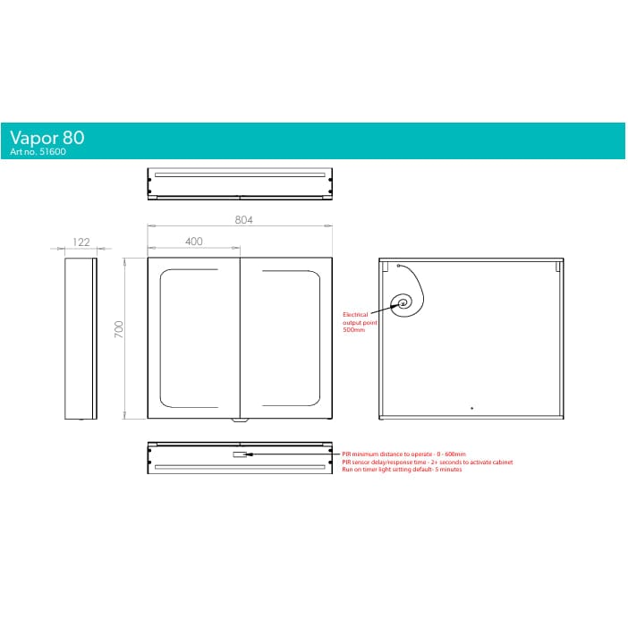 HiB Mirrored Cabinet HiB Vapor LED Illuminated Mirror Cabinet with Proximity Sensor