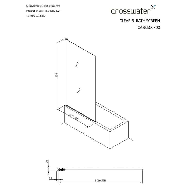 Crosswater Bath Screen Crosswater Clear 6 Single Panel Hinged Bath Screen 800mm