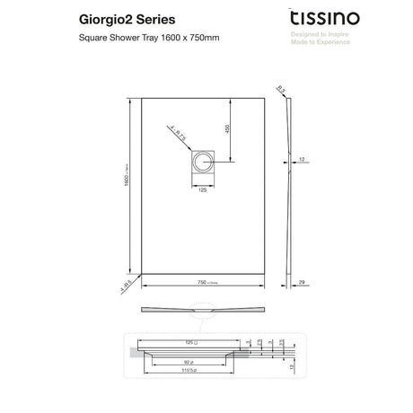 Tissino Rectangle Shower Tray 1600 x 750mm Tissino Giorgio2 Rectangle Shower Tray in Graphite Slate
