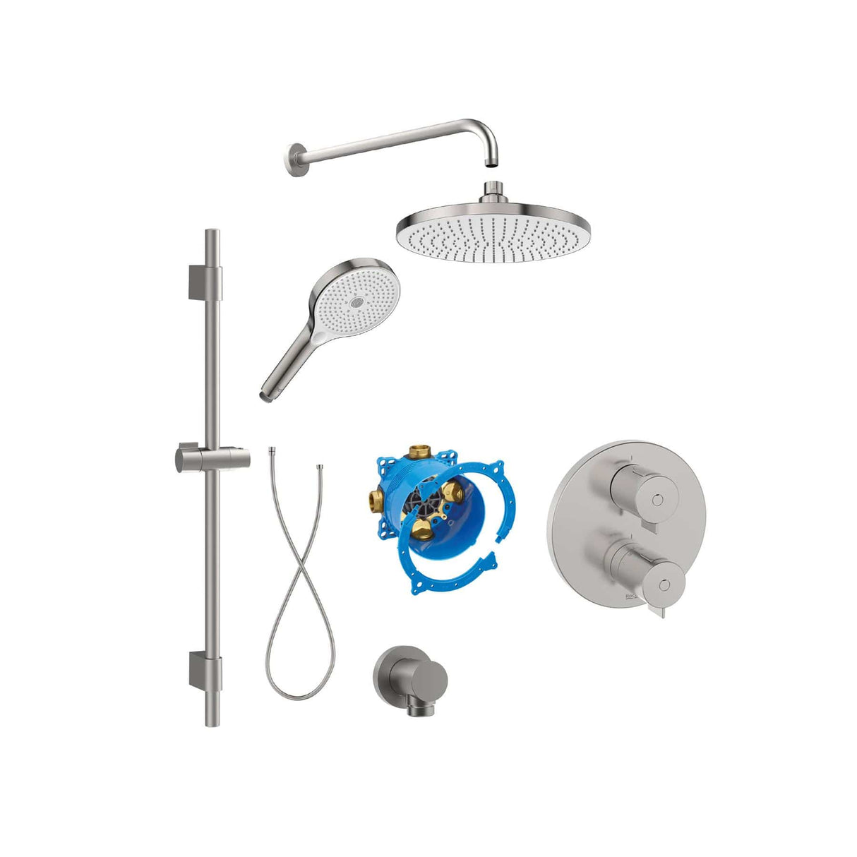 Roca Concealed Shower Set Stainless Steel Effect Roca T-500 Round Thermostatic Concealed Shower Valve with Rainshower Head, Shower Handset and Slide Rail Set