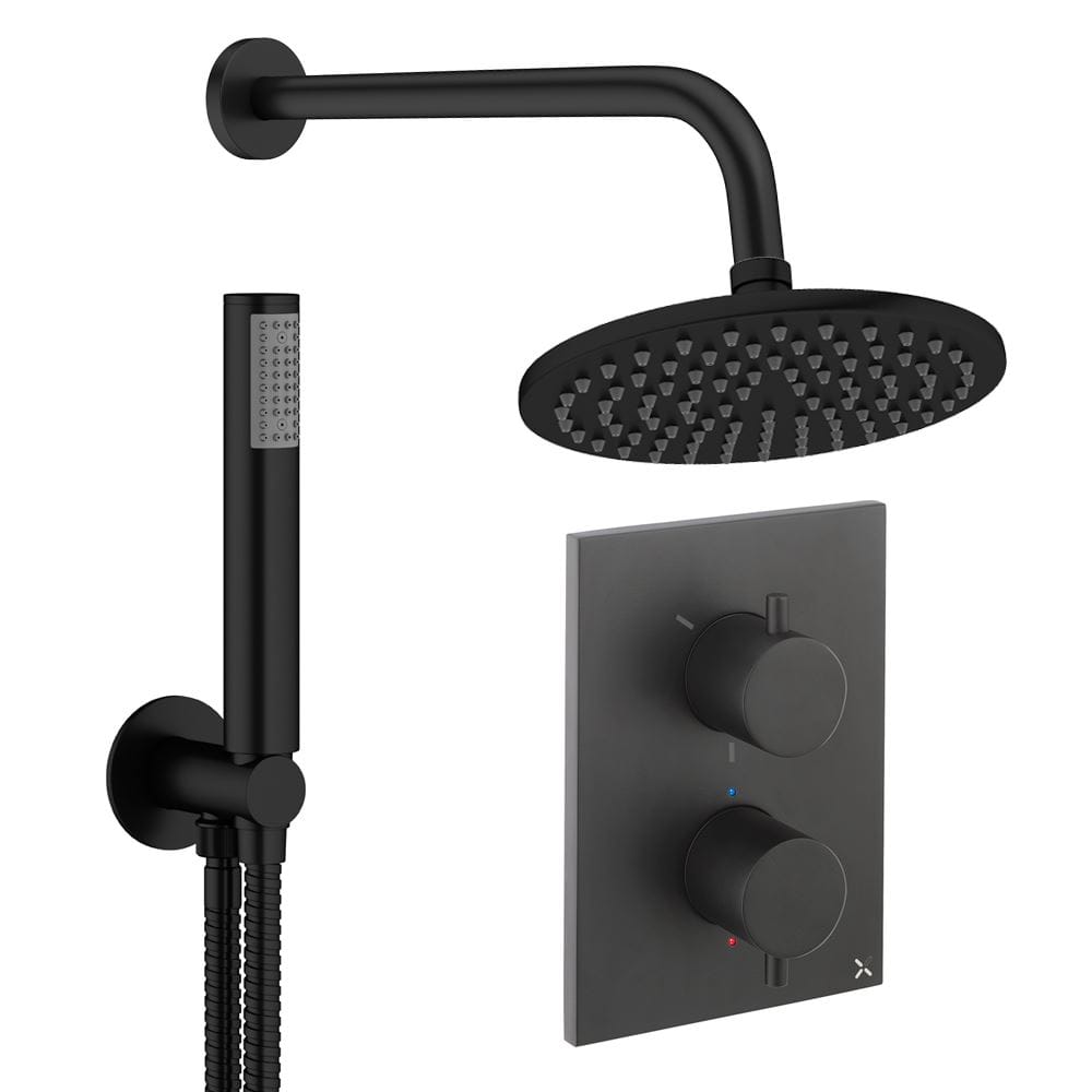 UK Bathroom Store Concealed Shower Set Matt Black / Wall Arm / 200mm Crosswater Crossbox Shower Set 3 - 2 Outlet with Pencil Handset and Fixed Overhead Shower