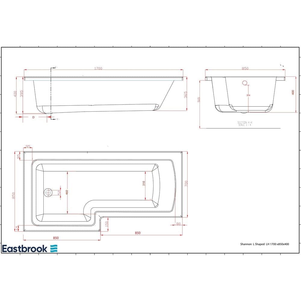 Eastbrook L-Shaped Shower Bath Eastbrook Shannon L-Shape Shower Bath - Left Hand - 1700 x 850mm in Reinforced White Acrylic