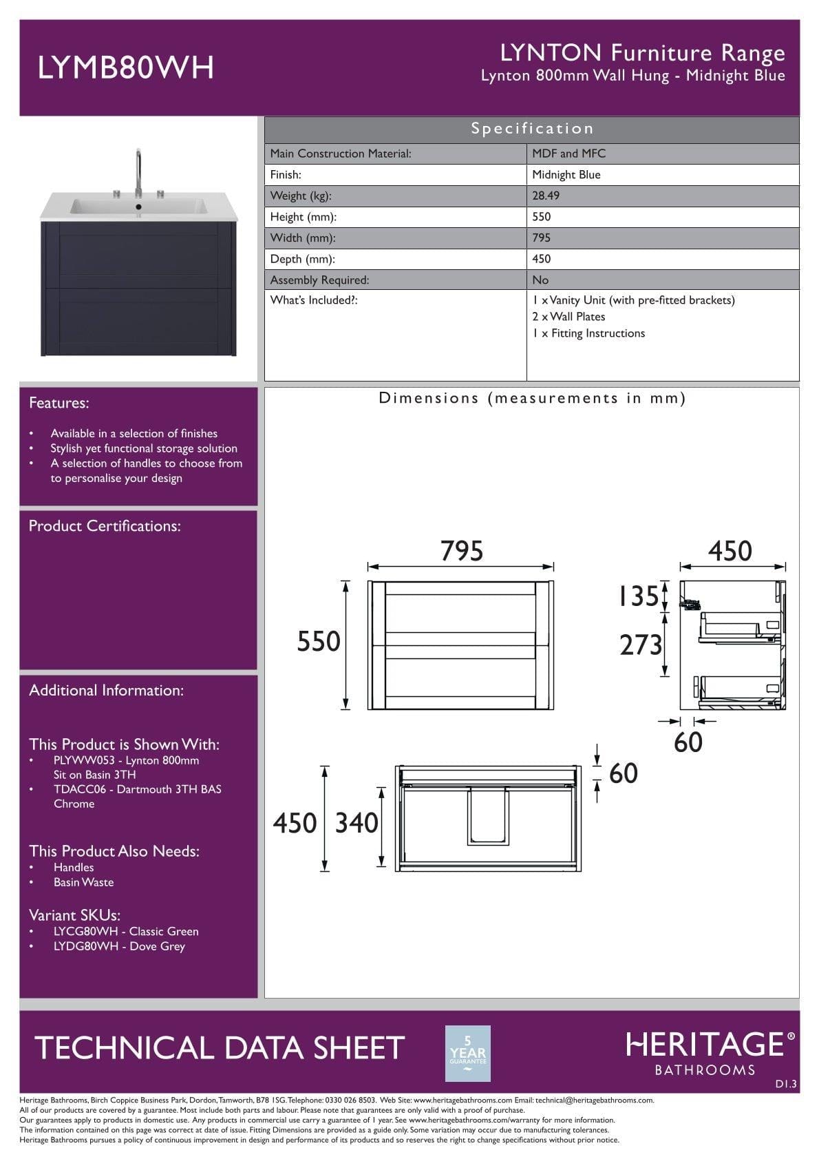 Heritage Wall Mounted Vanity Unit Heritage Lynton 600mm Wall Mounted Vanity Unit with Basin