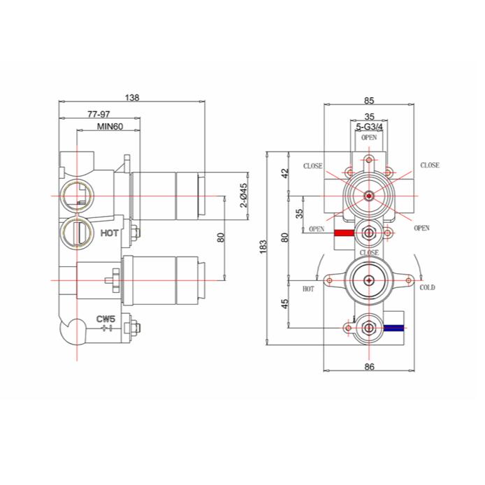 Crosswater Concealed Shower Valve Crosswater Belgravia Crosshead 3 Outlet, 2 Handle Vertical Concealed Thermostatic Shower Valve in Chrome