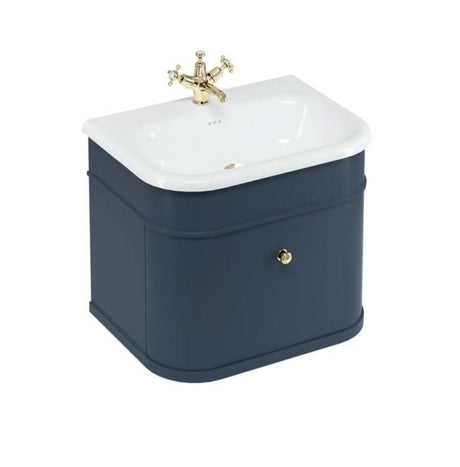 Burlington Wall Mounted Vanity Unit Blue / Natural Stone Roll Top Basin - 1 Tap Hole / Gold Burlington Chalfont 650mm Wall Mounted Single Drawer Vanity Unit with Basin