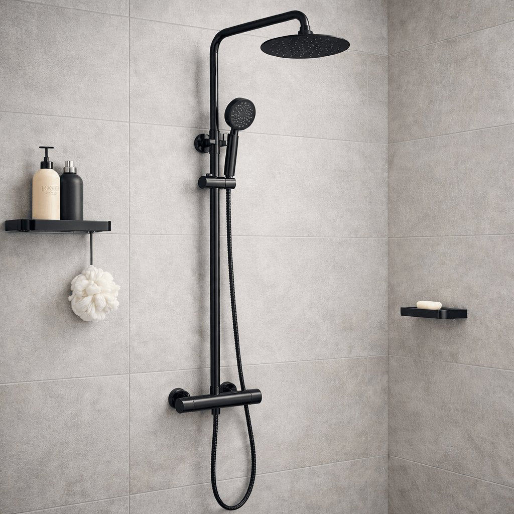 Aquarius Bathrooms Exposed Shower Set Black Aquarius RainLux Cool Touch Adjustable Round Exposed Shower Valve and Kit
