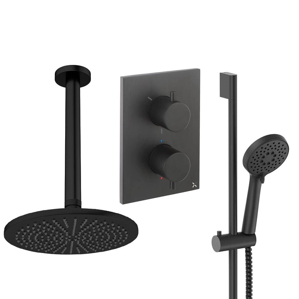 UK Bathroom Store Concealed Shower Set Matt Black / Ceiling Arm / 300mm Crosswater Crossbox Shower Set 4 - 2 Outlet with Riser Rail Kit and Fixed Overhead Showerhead