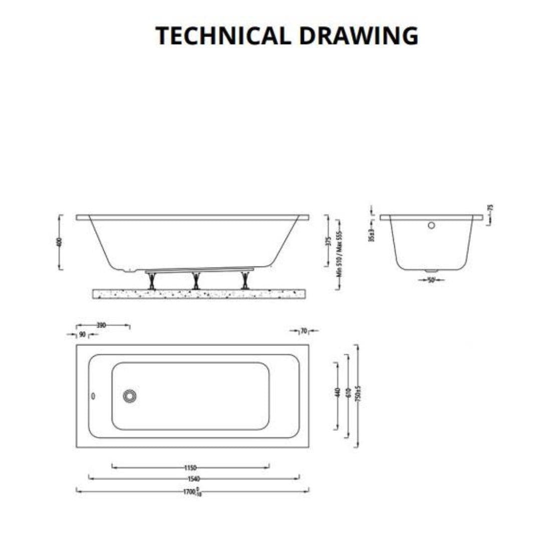 Aquarius Single Ended Bath 1700 x 700mm Aquarius Aaron Single Ended Standard Bath