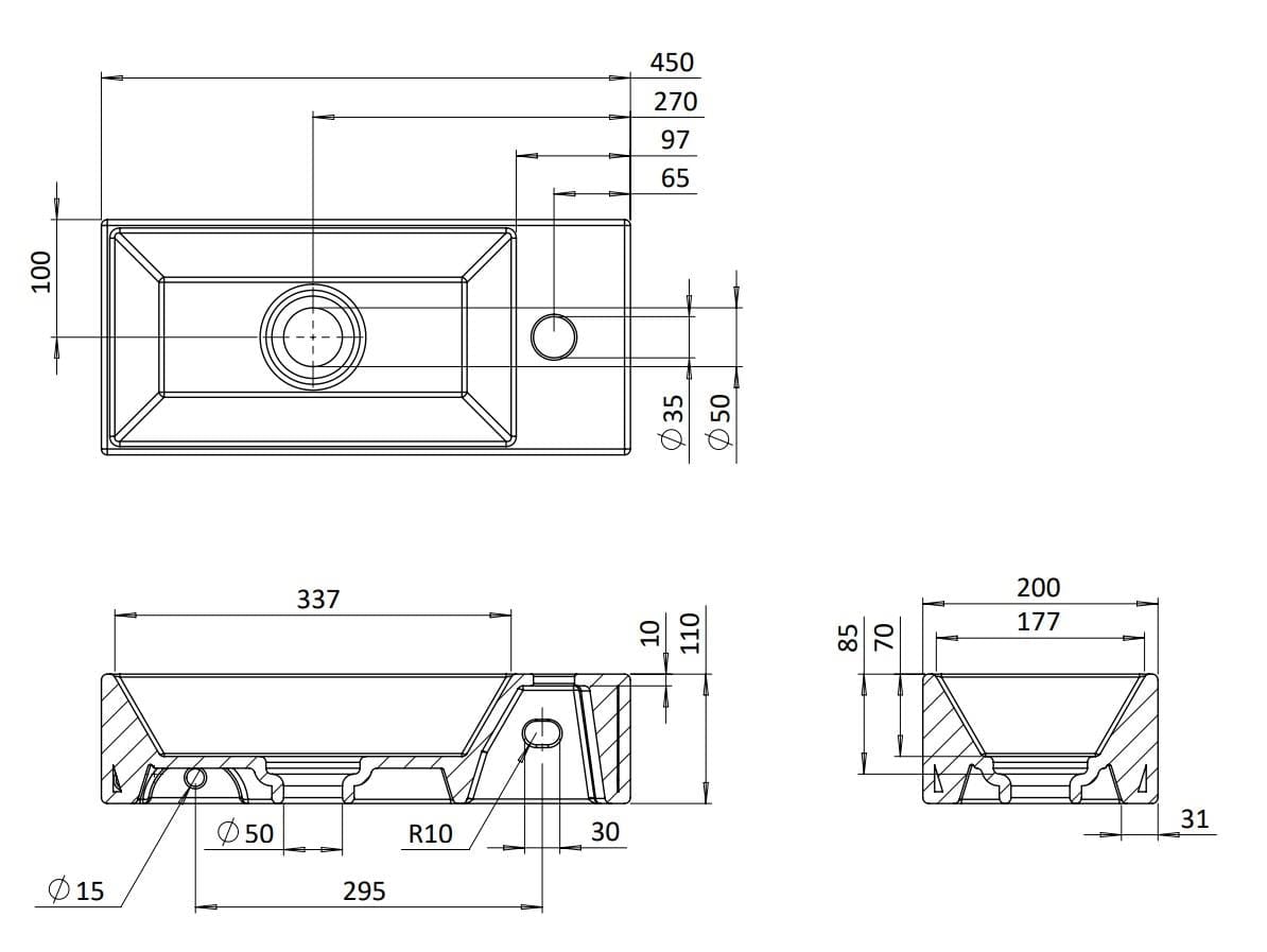 Crosswater Cloakroom Basin Crosswater Beck Cloakroom Basin with Waste – 450 x 200mm – 1 Tap Hole in Matt White