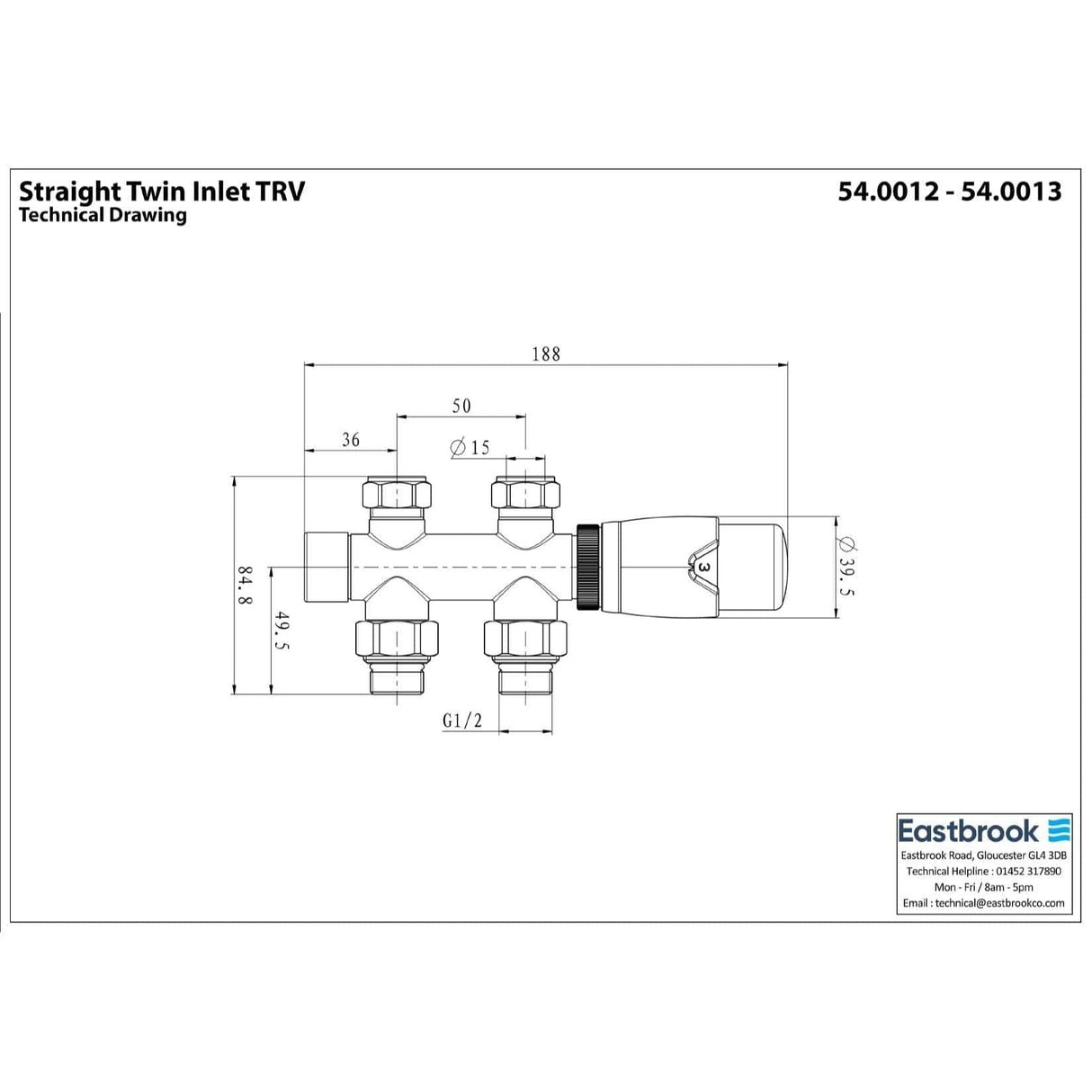 Eastbrook Radiator Valve Eastbrook Angled Twin Inlet Thermostatic Radiator Valve 15mm