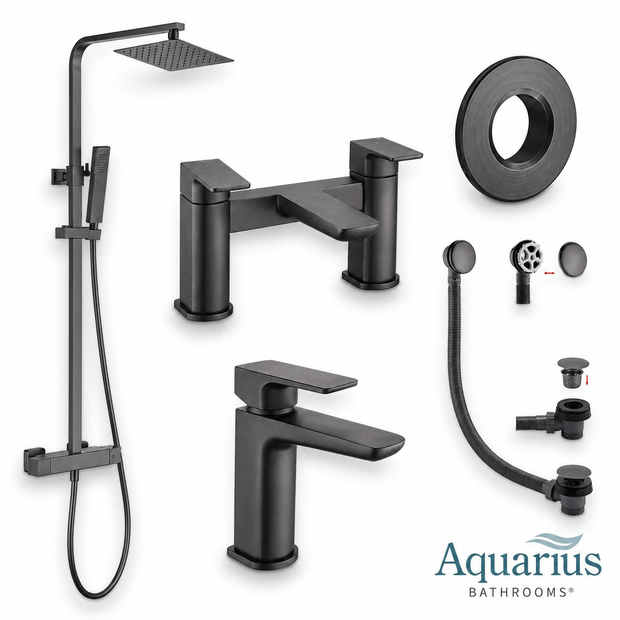Aquarius Bathrooms Exposed Shower Set Gun Metal Grey Aquarius Hydro Complete Shower Brassware Pack with Basin Mixer, Bath Mixer & Round Exposed Shower