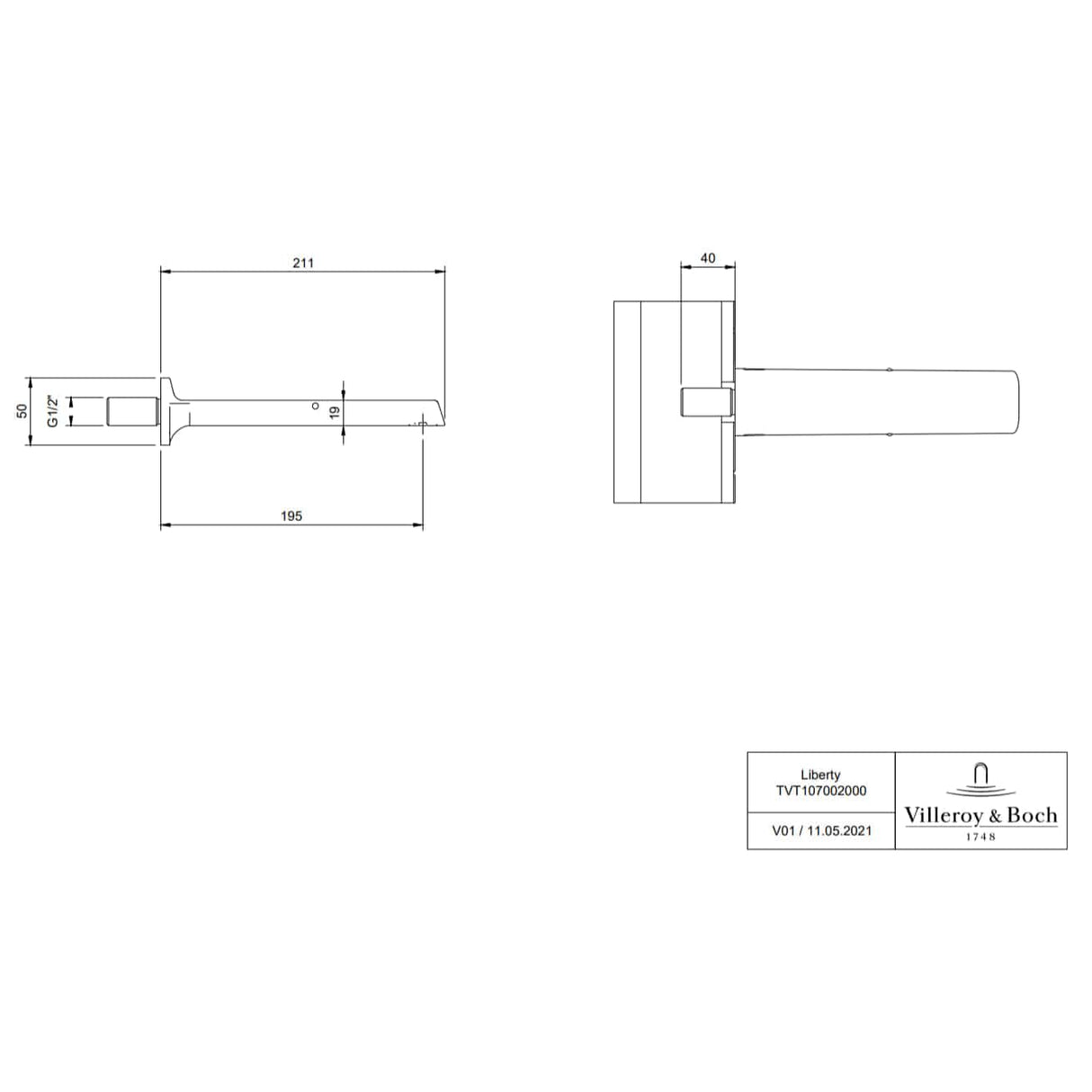 Villeroy &Boch Bath Spout Villeroy & Boch Liberty Wall Mounted Bath Spout in Chrome