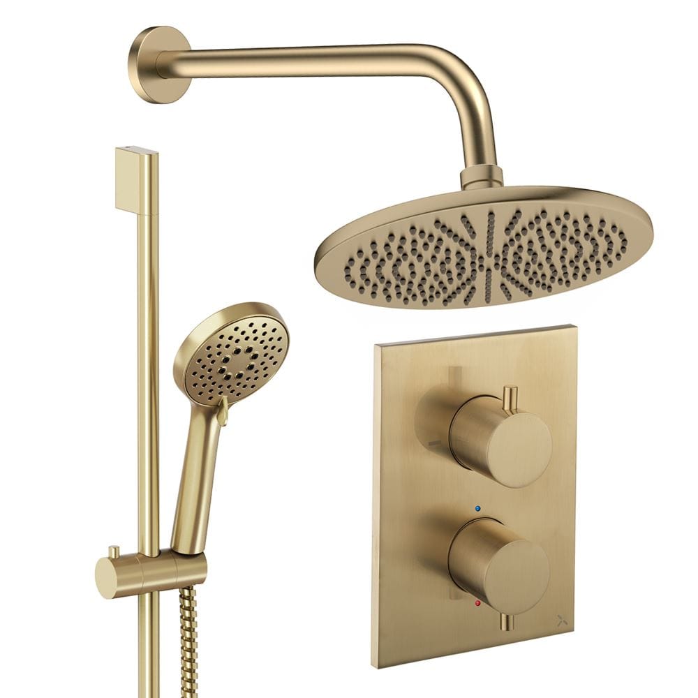 UK Bathroom Store Concealed Shower Set Brushed Brass / Wall Arm / 300mm Crosswater Crossbox Shower Set 4 - 2 Outlet with Riser Rail Kit and Fixed Overhead Showerhead