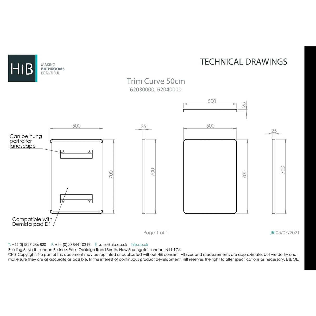HiB Standard Mirror 500 x 700mm / Matt White HiB Trim Curve Bathroom Mirror