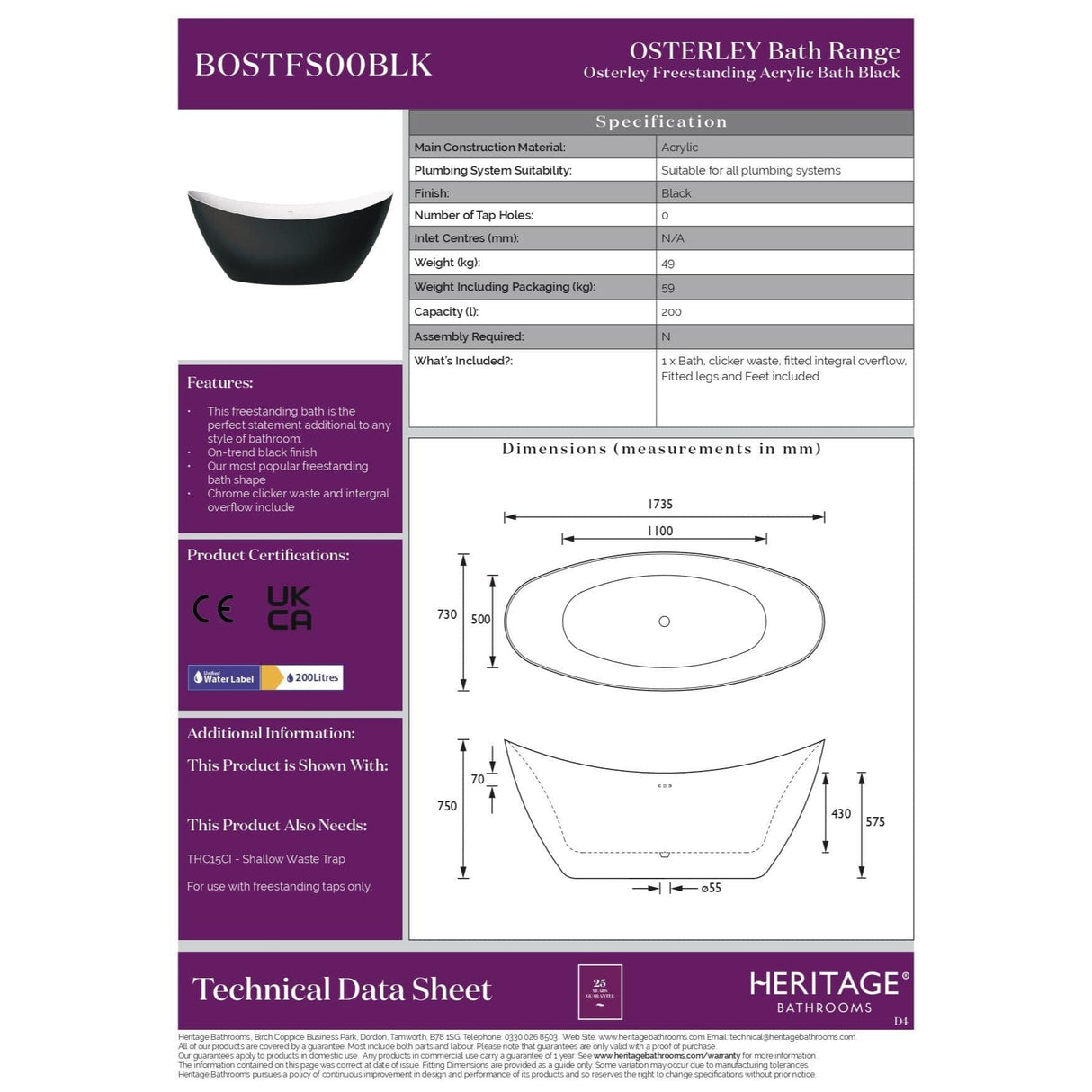 Heritage Modern Freestanding Bath Heritage Osterley Freestanding Acrylic Double Ended Bath -1735 x 730mm - in Matt Black Effect