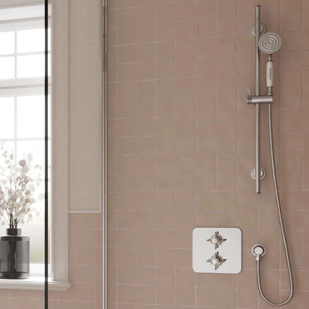 Burlington Concealed Shower Set Burlington Guild Square 1 Outlet, 2 Handle Concealed Thermostatic Shower Valve with Fixed Shower Arm & Head, Rail, Hose, Handset & Outlet Elbow