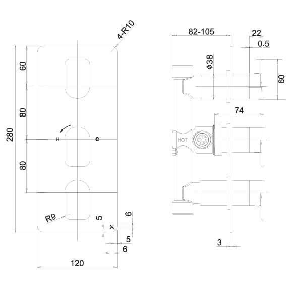 Crosswater Concealed Shower Valve Crosswater Fuse 2 Outlet, 3 Handle Horizontal Concealed Shower Valve