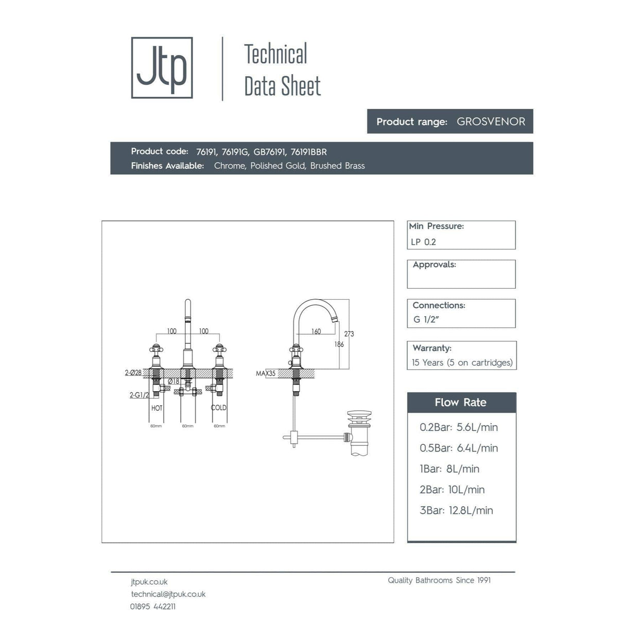 JTP 3 Tap Hole Basin Set JTP Grosvenor Cross 3 Hole Basin Mixer Tap with Swivel Spout and Pop Up Waste