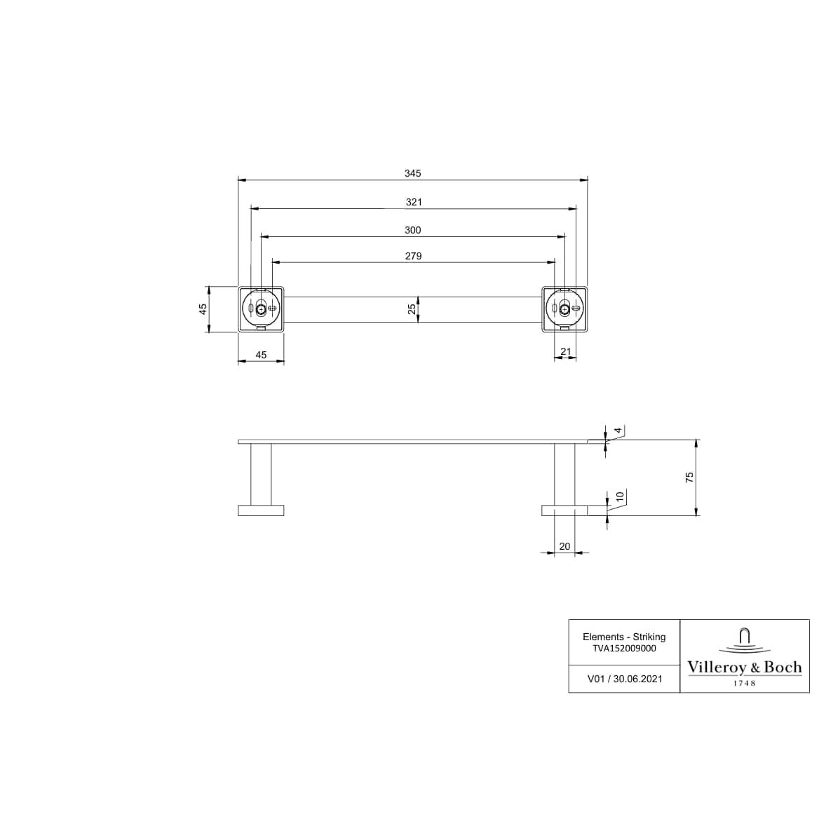 Vileroy & Boch Towel Rails and Rings Villeroy & Boch Elements Striking Towel Bar 345mm