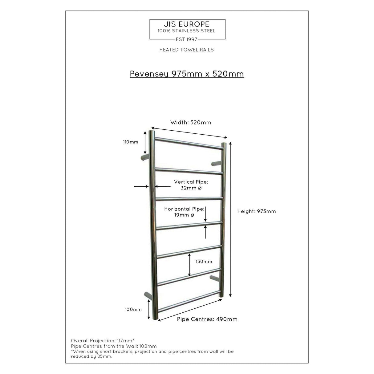 JIS Ladder Rail JIS Sussex Pevensey Vertical Stainless Steel Heated Towel Rail