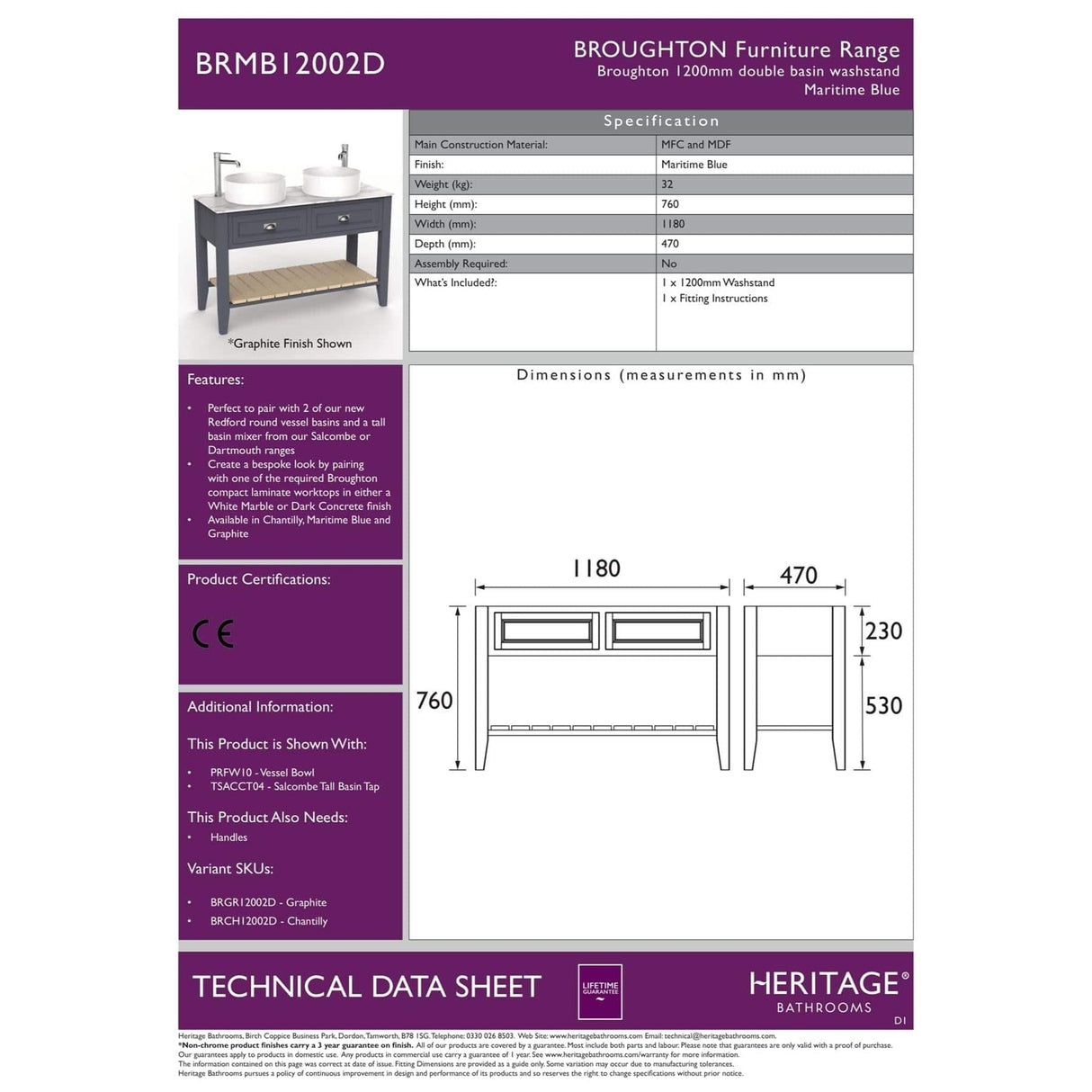 Heritage Floor Standing Vanity Unit Heritage Broughton Washstand with Laminate Worktop