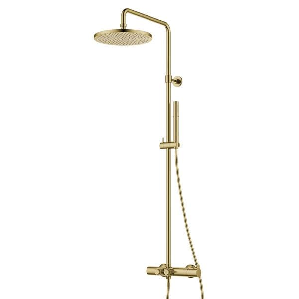 Flova Exposed Shower Set Brushed Brass Flova Moonlight GoClick Thermostatic Shower Valve Set with Adjustable Riser, Rainshower Head and Pencil Handset