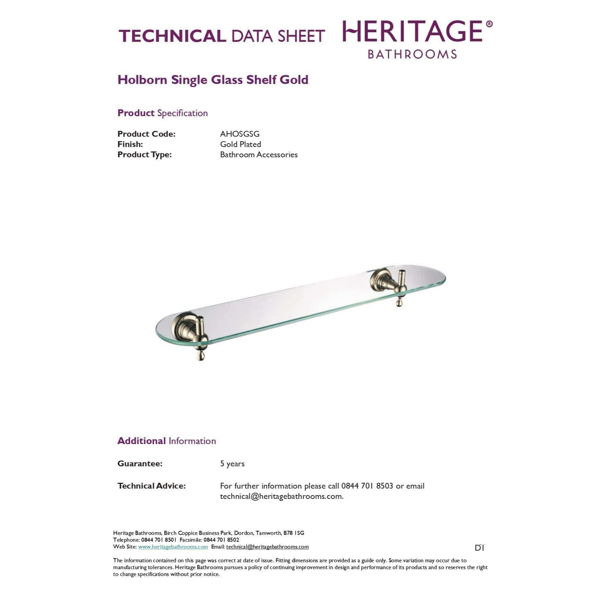 Heritage Shelf Heritage Holborn Single Glass Shelf