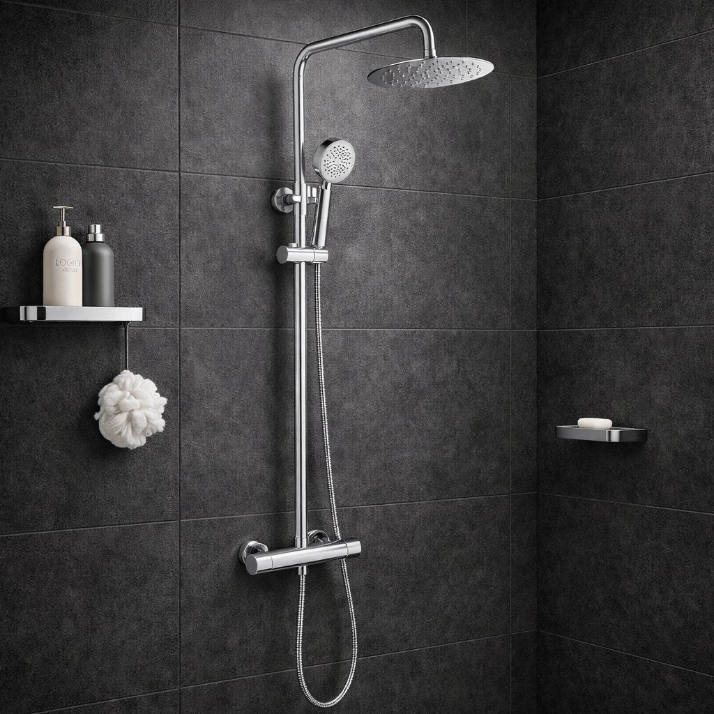 Aquarius Bathrooms Exposed Shower Set Chrome Aquarius RainLux Cool Touch Adjustable Round Exposed Shower Valve and Kit