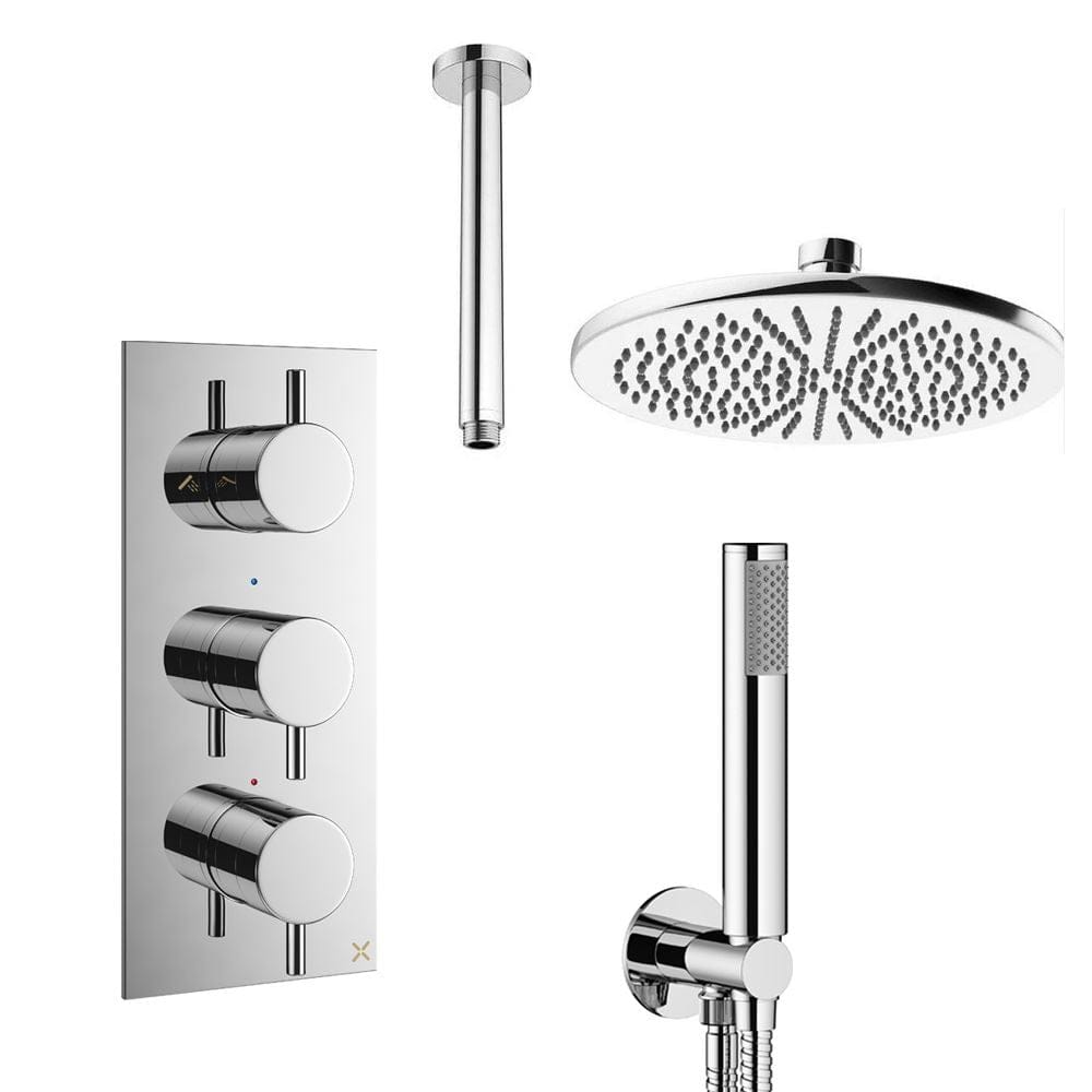 Crosswater Concealed Shower Set Chrome / Ceiling Arm / 300mm Crosswater Design 3 Handle 2 Outlet Shower Set 7 with Pencil Handset and Rainfall Shower Head