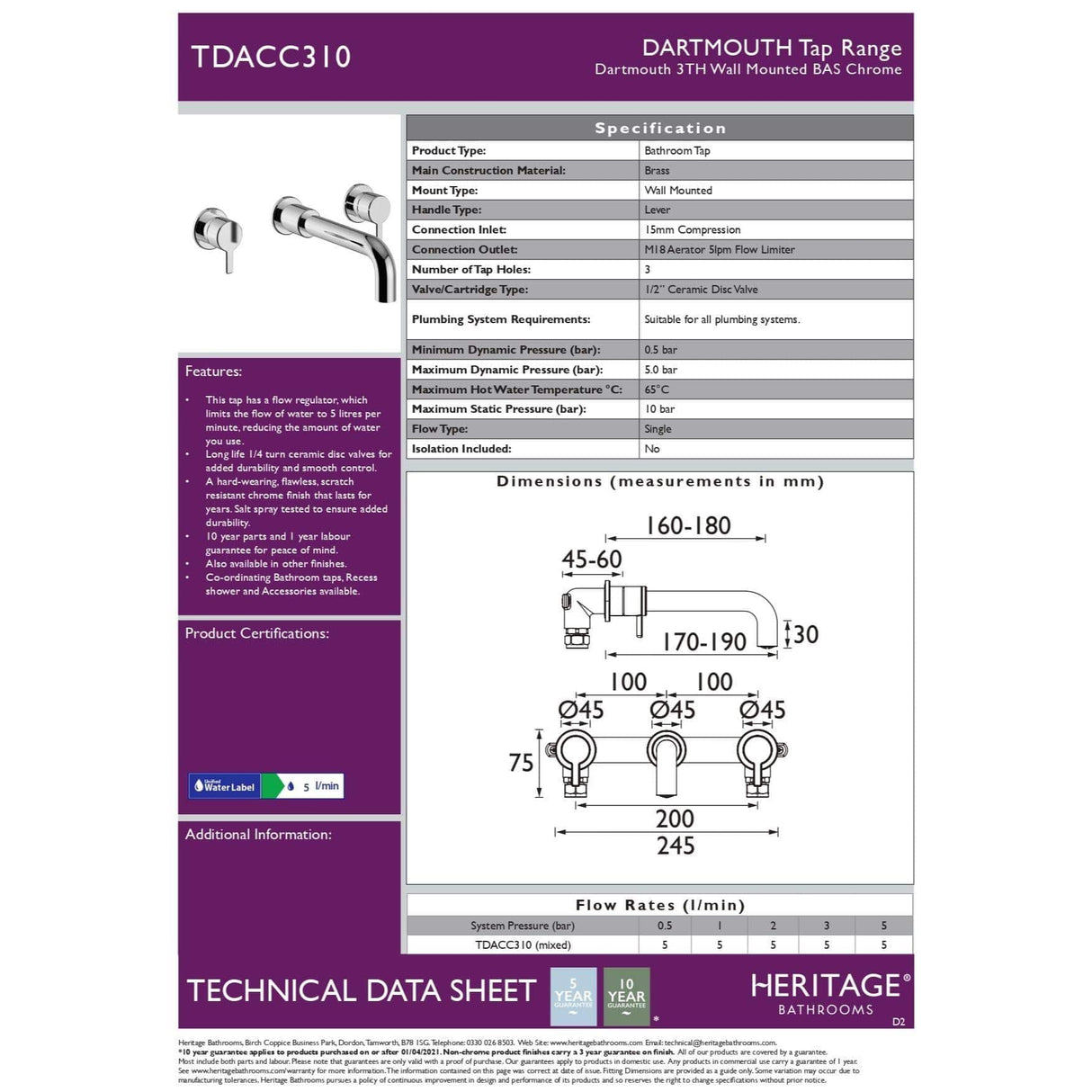 Heritage Wall Mounted Basin Tap Heritage Dartmouth 3 Tap Hole Wall Mounted Basin Mixer Tap