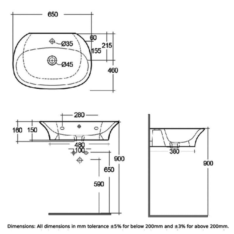 RAK Wall Hung Basin RAK Sensation Wall Hung Basin - 650mm Wide - 1 Tap Hole - in White Alpin