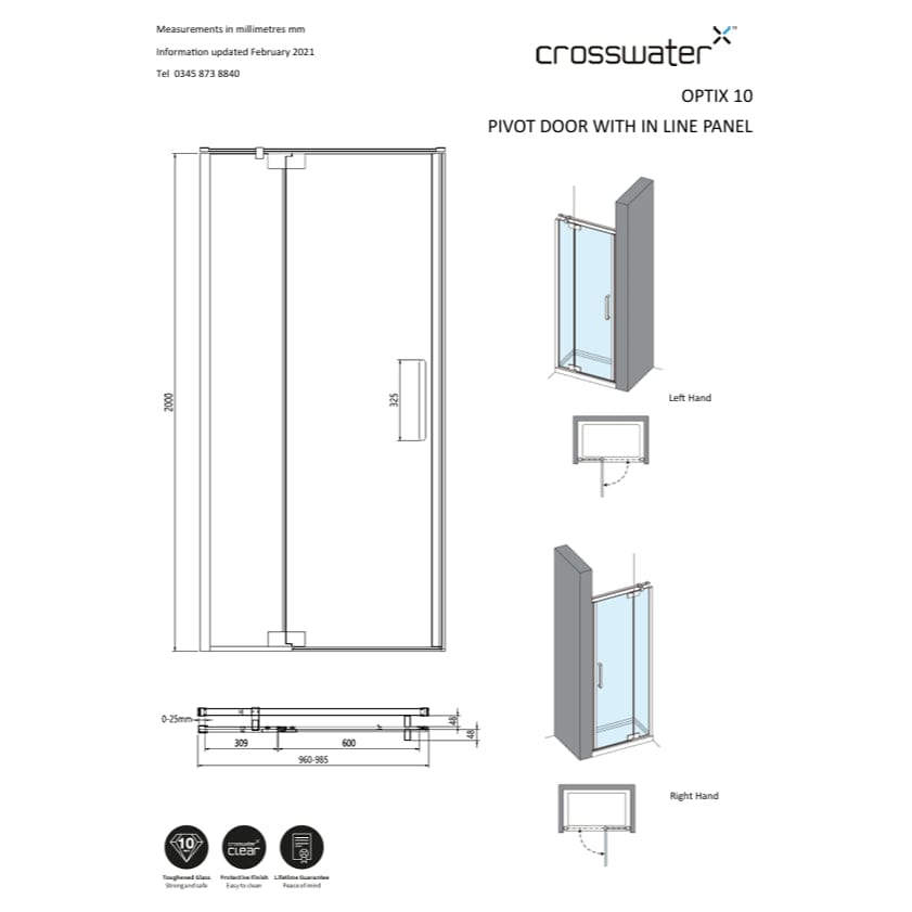 Crosswater Pivot Shower Door Crosswater Optix 10 10 Pivot Shower Door with Inline Panel