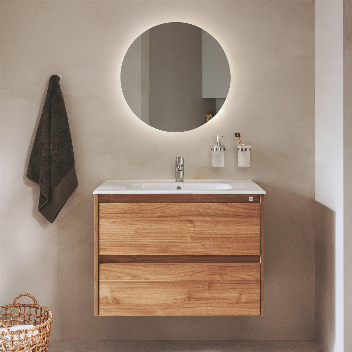 Roca Wall Mounted Vanity Unit Walnut Roca Tenet 800mm Wall Mounted Two Drawer Vanity Unit with Basin
