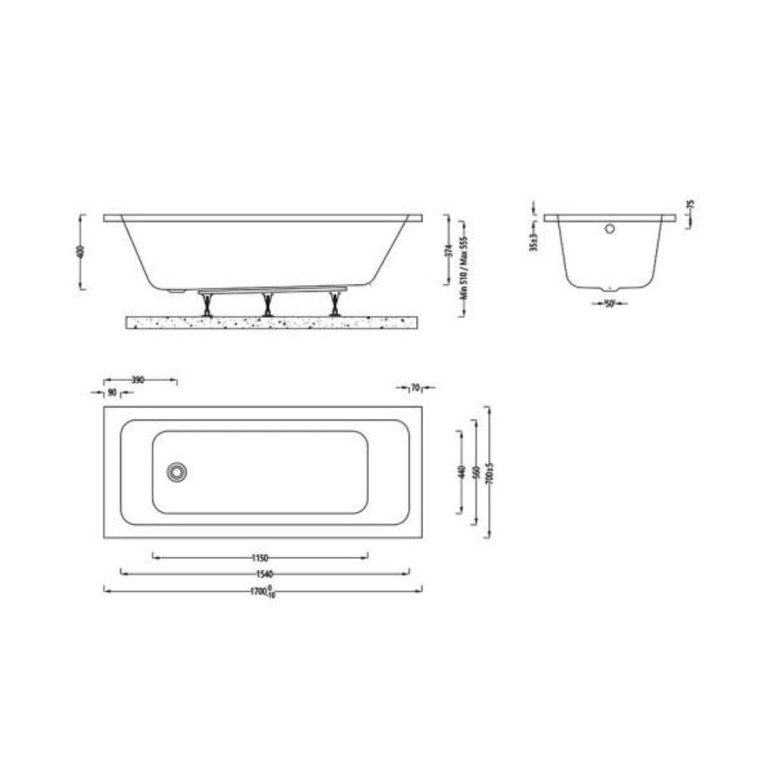 Aquarius Single Ended Bath 1700 x 750mm Aquarius Aaron Single Ended Standard Bath