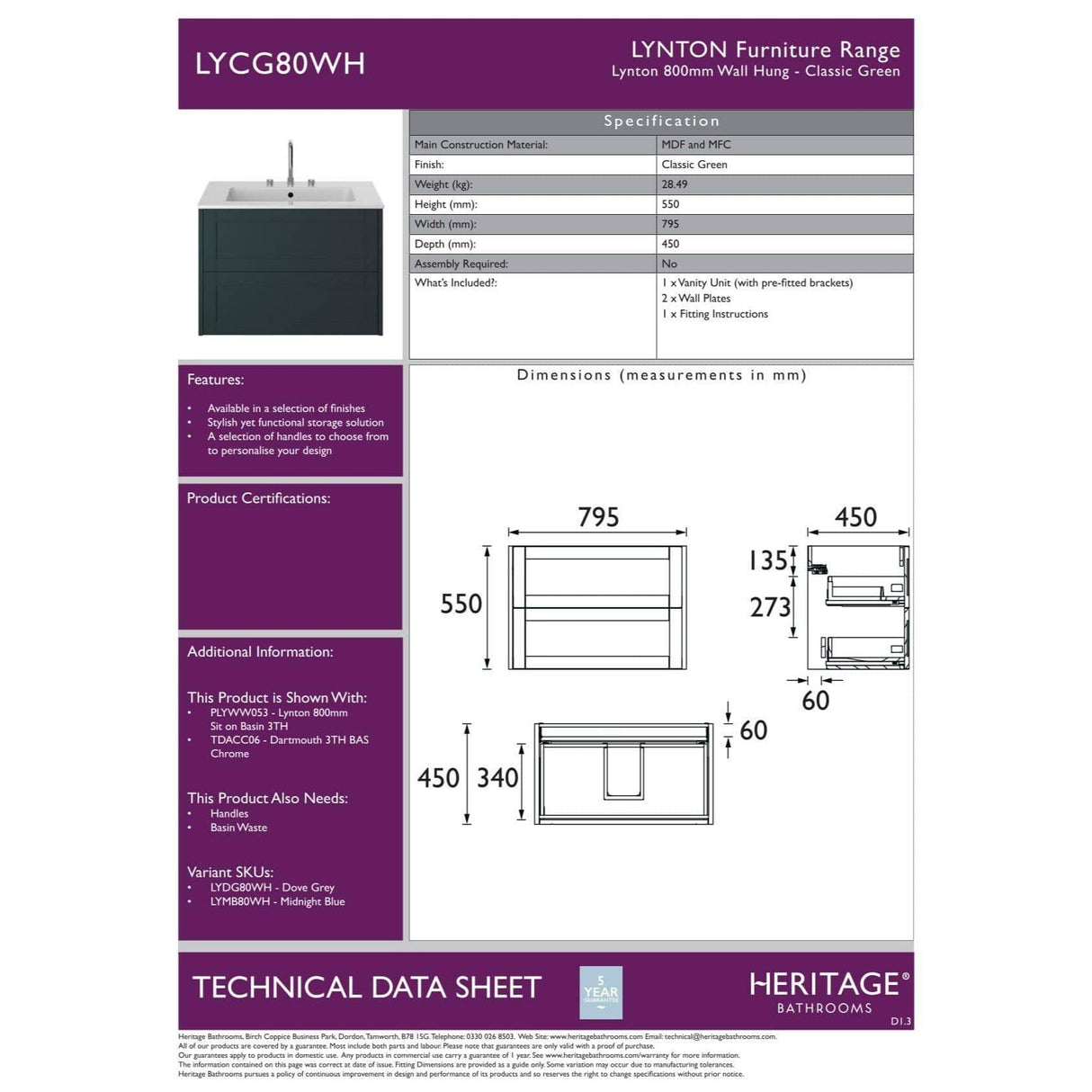 Heritage Wall Mounted Vanity Unit Heritage Lynton 600mm Wall Mounted Vanity Unit with Basin