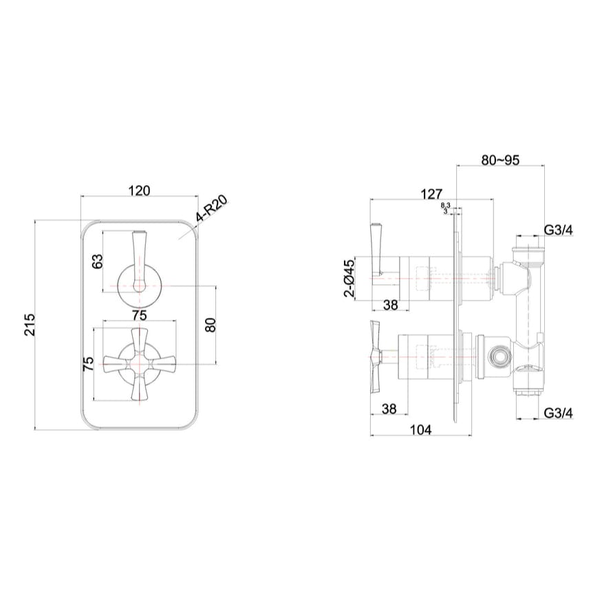 Burlington Concealed Shower Valve Burlington Riviera 1 Outlet, 2 Handle Concealed Thermostatic Shower Valve
