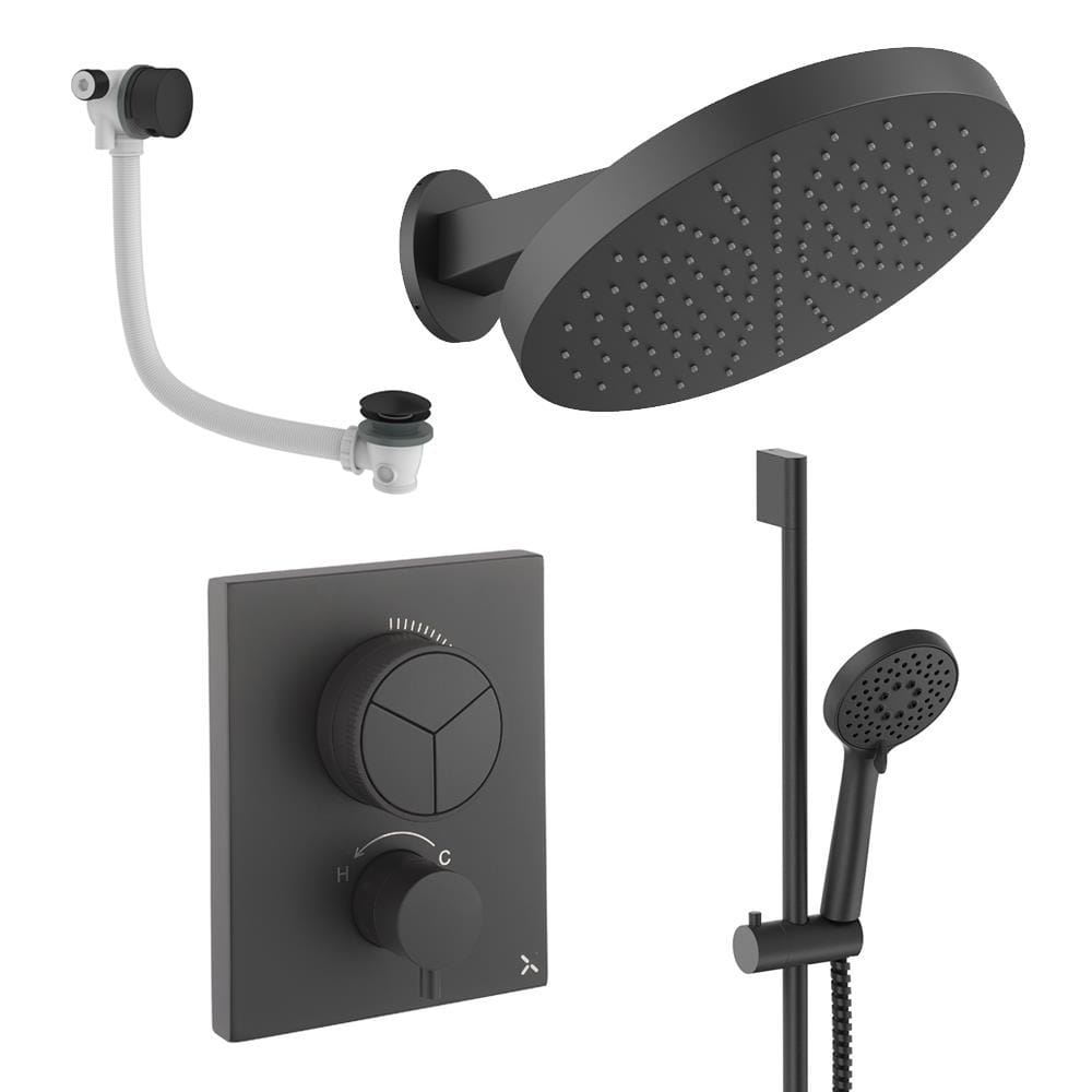 UK Bathroom Store Concealed Shower Set Matt Black Crosswater Crossbox Push Shower Set 10 - 3 Outlet with Revive Steel Overhead Shower, Slide Rail Kit and Overflow Bath Filler Waste