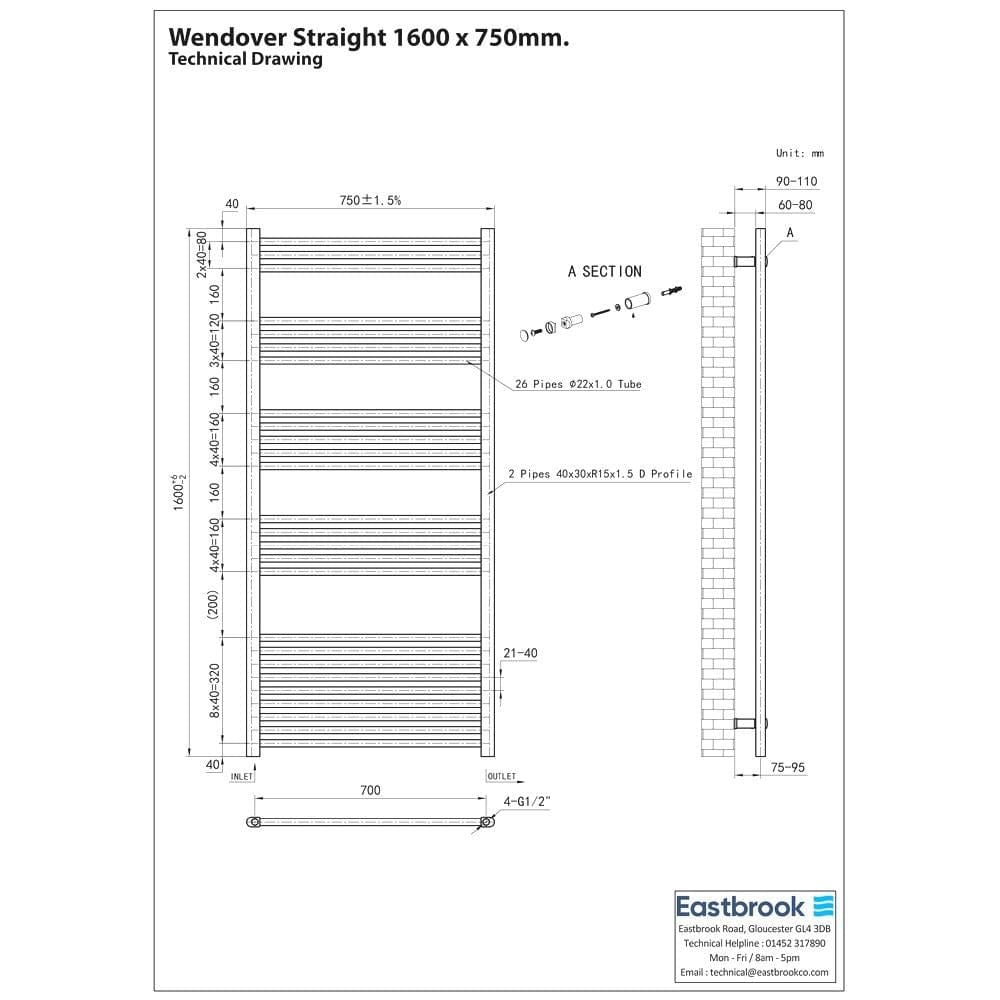 Eastbrook Wendover Straight Vertical Heated Towel Rail in White