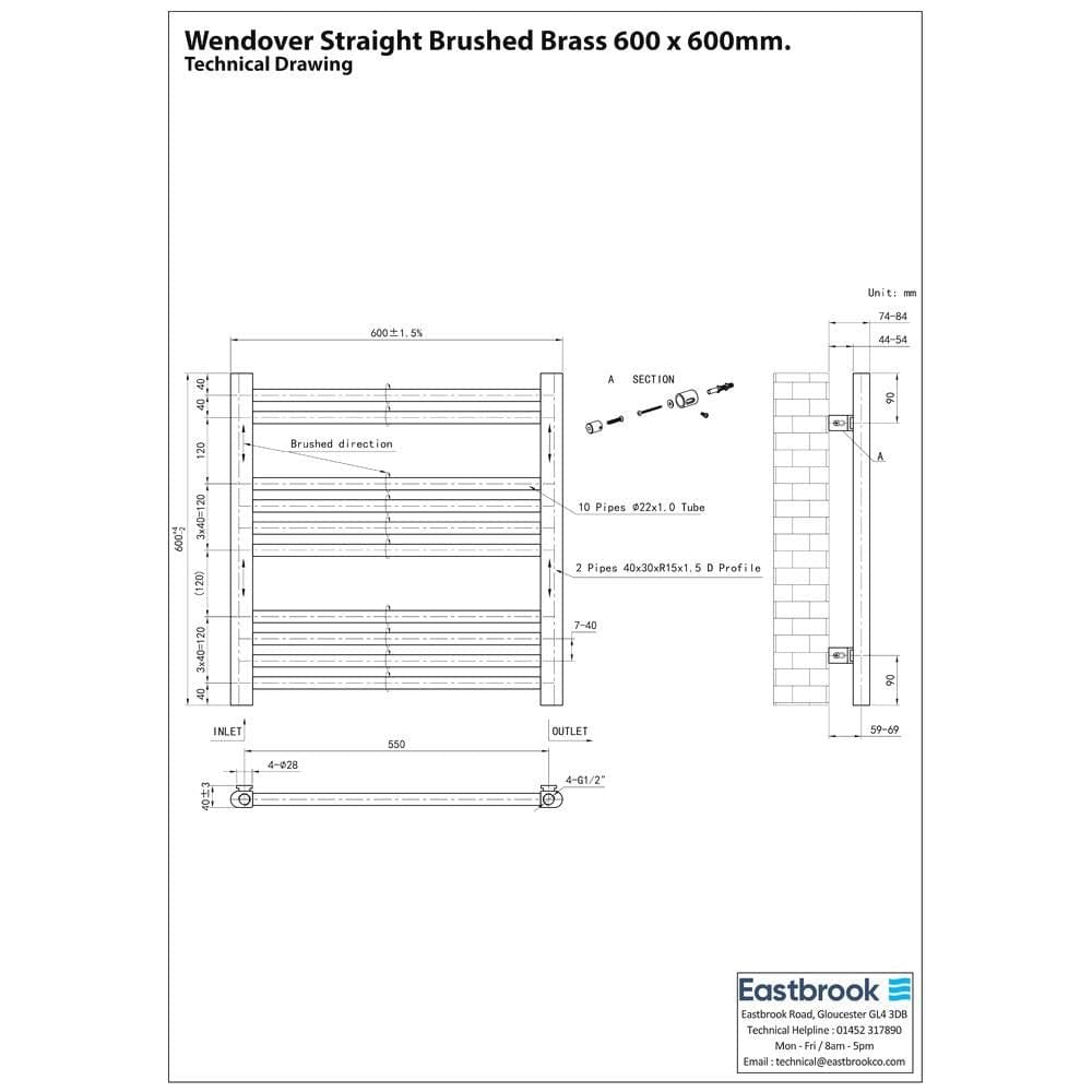 Eastbrook Wendover Straight Heated Towel Rail in Brushed Brass