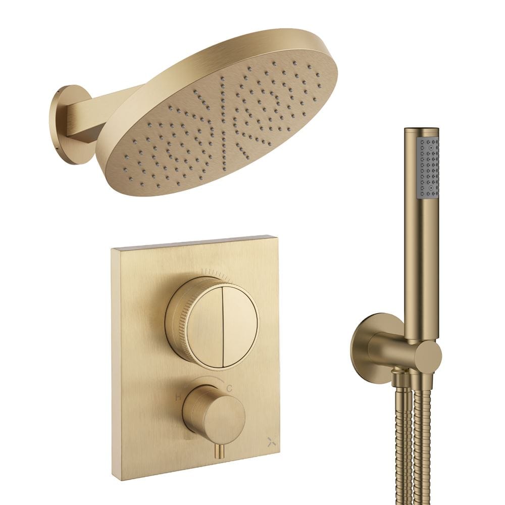 UK Bathroom Store Concealed Shower Set Brushed Brass Crosswater Crossbox Push Shower Set 6 - 2 Outlet with Revive Steel Overhead Shower and Pencil Handset