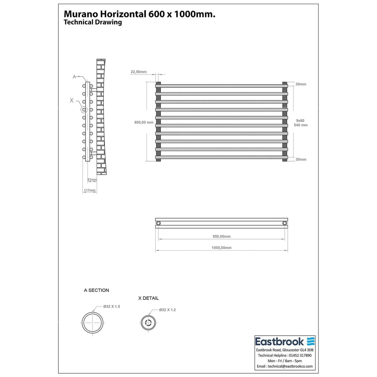 Eastbrook Designer Towel Radiator Eastbrook Murano Horizontal Designer Radiator in Gloss White