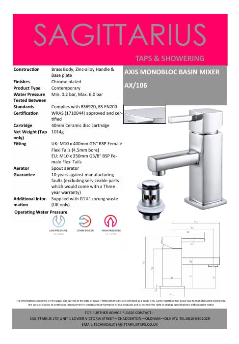 Sagittarius Mono Basin Tap Sagittarius Axis Monobloc Basin Mixer Tap - Chrome - AX106C