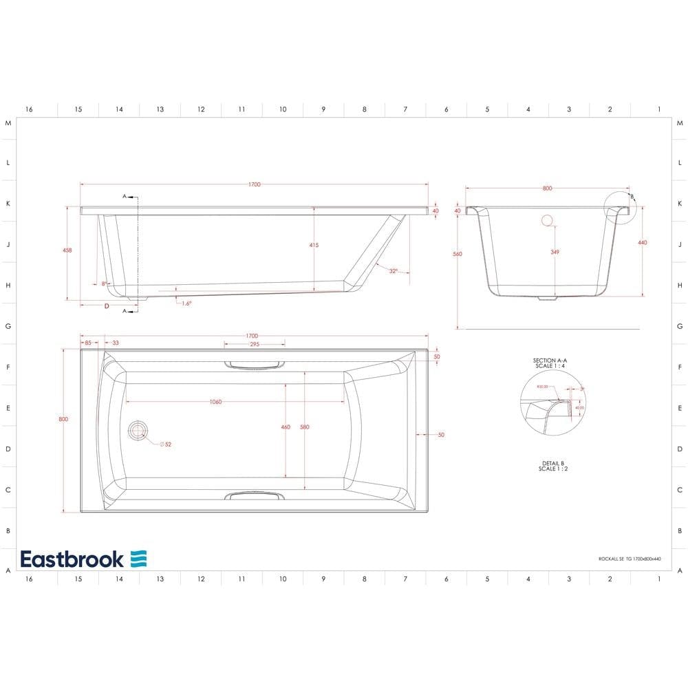 Eastbrook Single Ended Bath 1700 x 800mm / 5mm Eastbrook Rockall Single Ended Bath with Twin Grips