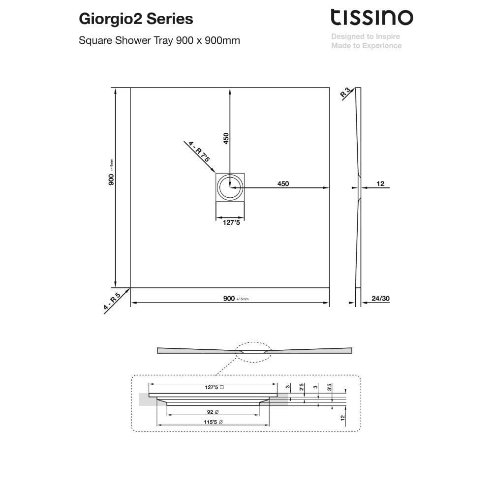 Tissino Rectangle Shower Tray 900 x 900mm Tissino Giorgio2 Rectangle Shower Tray in Grey Slate